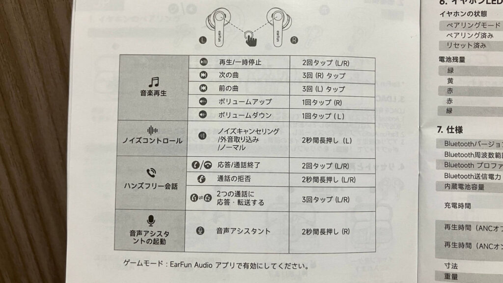 イヤホンタッチのデフォルトマニュアル